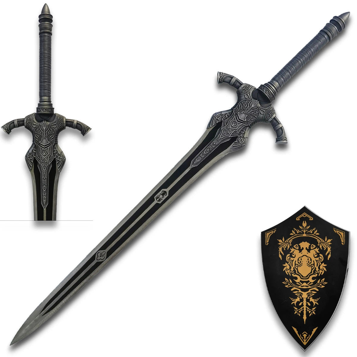 Dark Souls Knight Artorias Greatsword display collectible displayed with the included premium wood wall display plaque, creating a striking centerpiece for gaming rooms, collector walls, cosplay photography, themed interiors, and fantasy display collections.
