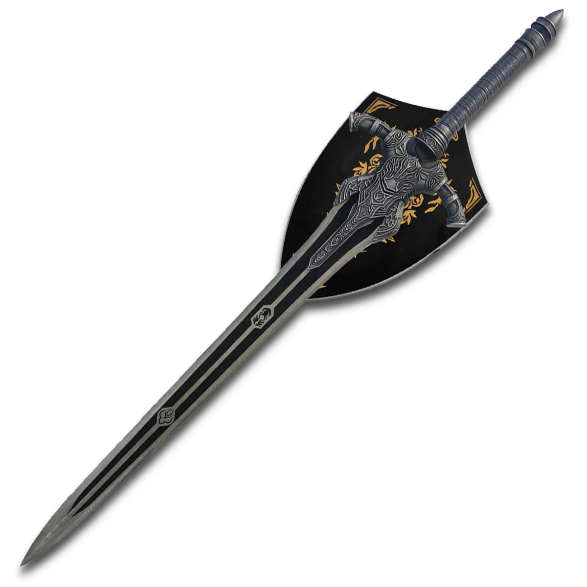 Premium Knight Artorias Greatsword display collectible inspired by Dark Souls featuring decorative stainless steel craftsmanship, two-tone black and silver finish, elegant fantasy detailing, and premium wall display presentation for collectors and gaming enthusiasts.