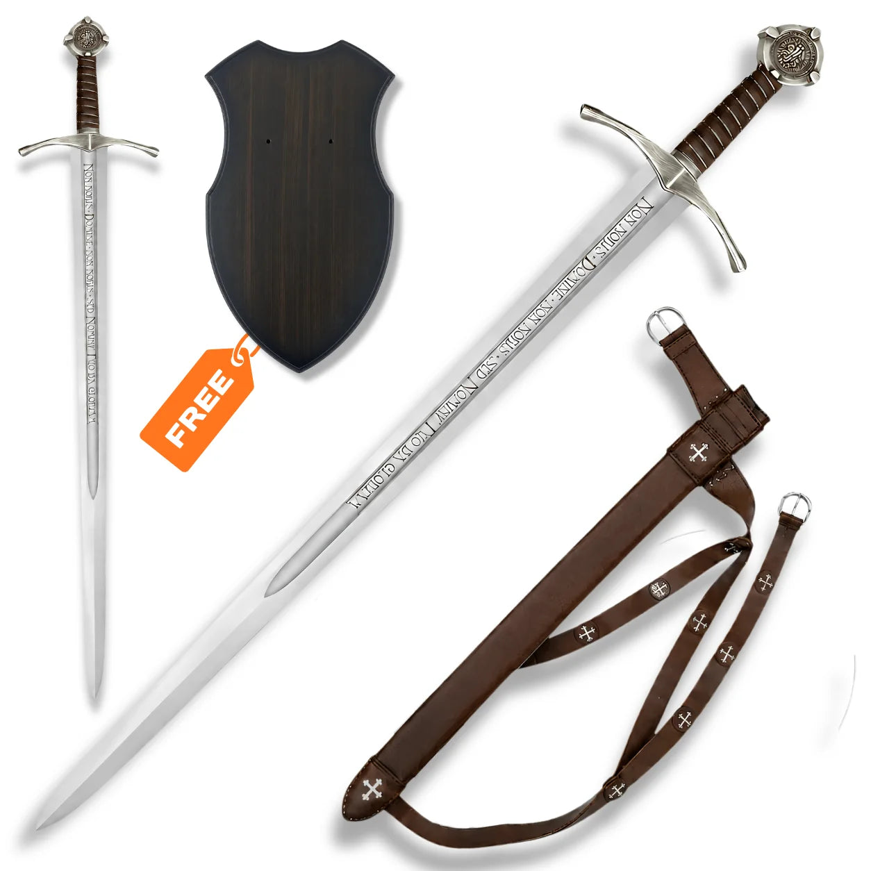 Knights Templar Accolade Sword medieval Crusader prop replica with engraved silver blade, brown wrapped grip, scabbard and wooden wall plaque
