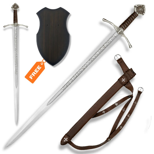 Knights Templar Accolade Sword medieval Crusader prop replica with engraved silver blade, brown wrapped grip, scabbard and wooden wall plaque