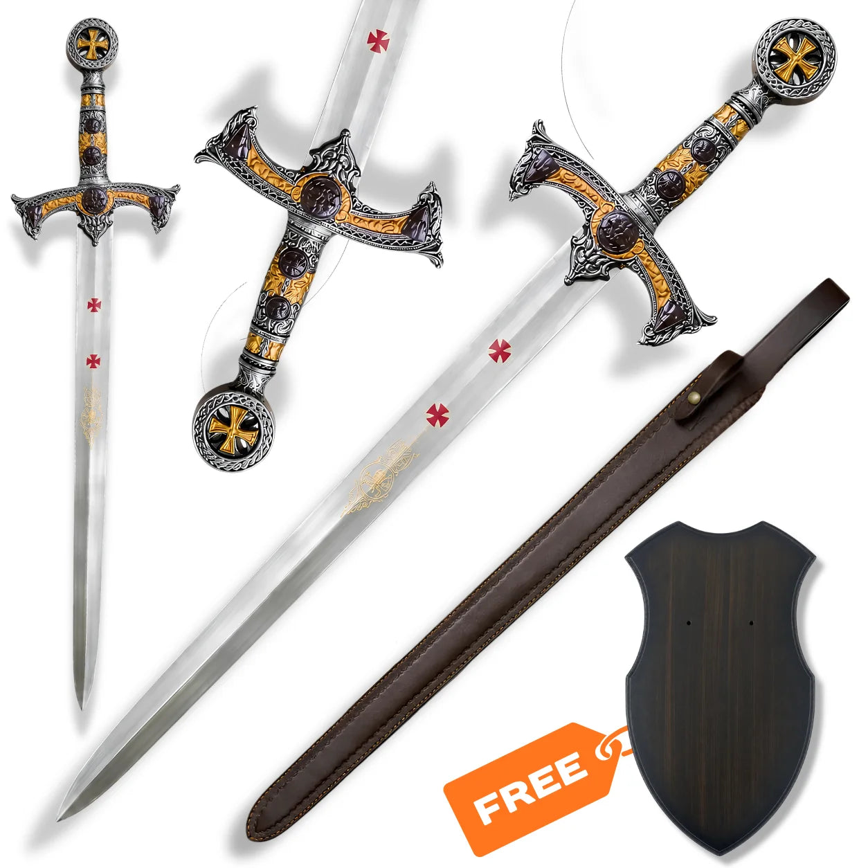 Knights Templar longsword medieval Crusader prop replica with red cross blade details, ornate gold and silver hilt, brown sheath and wall plaque