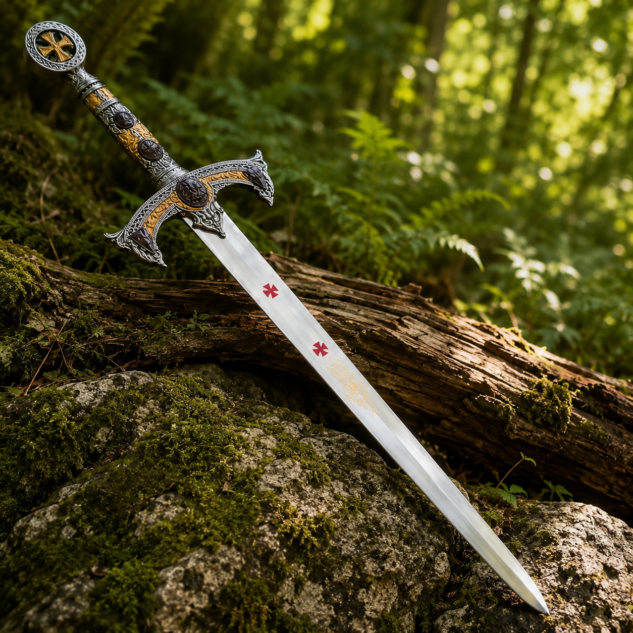 Knights Templar longsword prop replica resting on mossy rock in forest – full view medieval crusader collectible