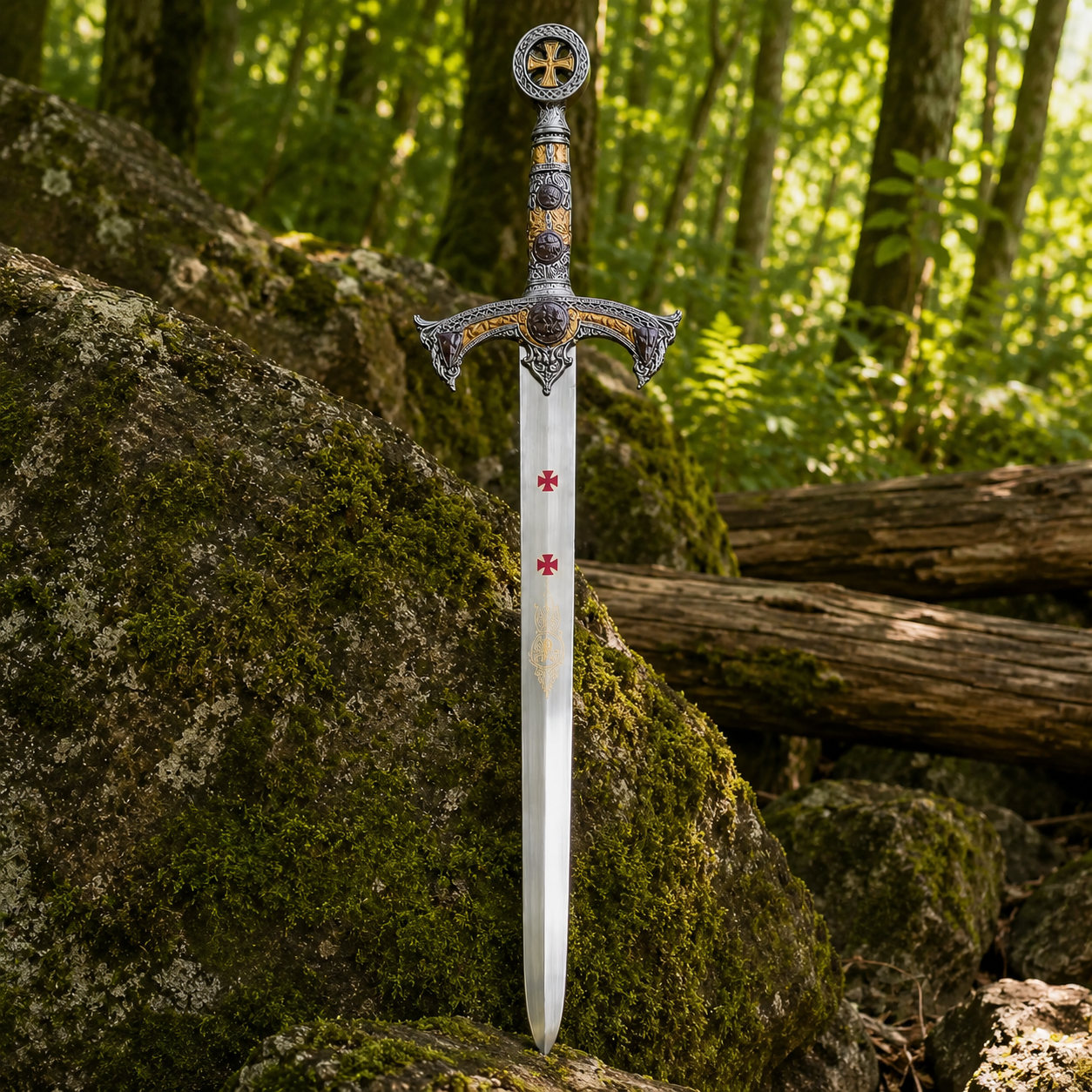 Close-up of red Templar cross engravings on stainless steel blade of Knights Templar longsword prop replica