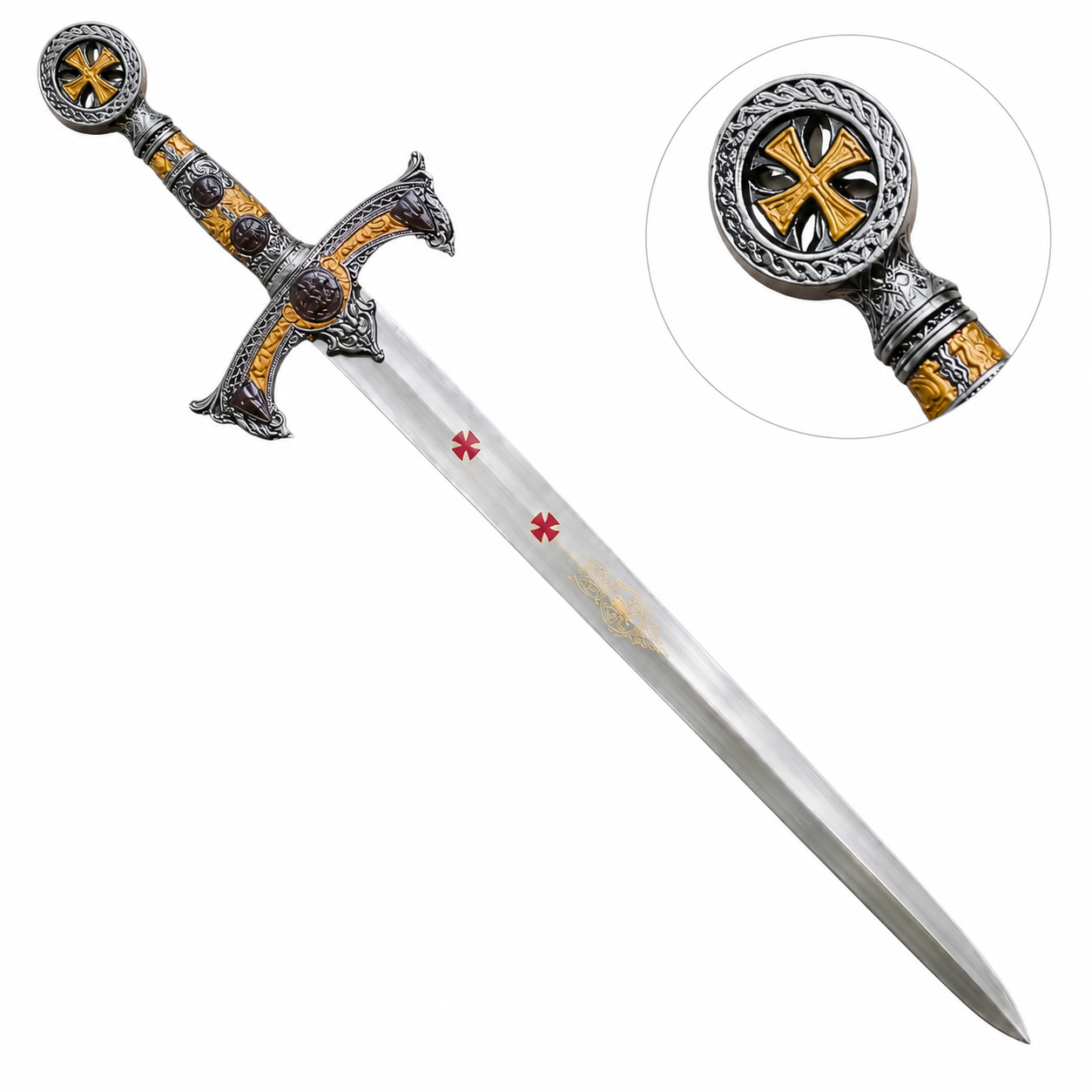 Close-up of Knights Templar longsword prop replica blade showing red Templar cross engravings and ornate crossguard detail