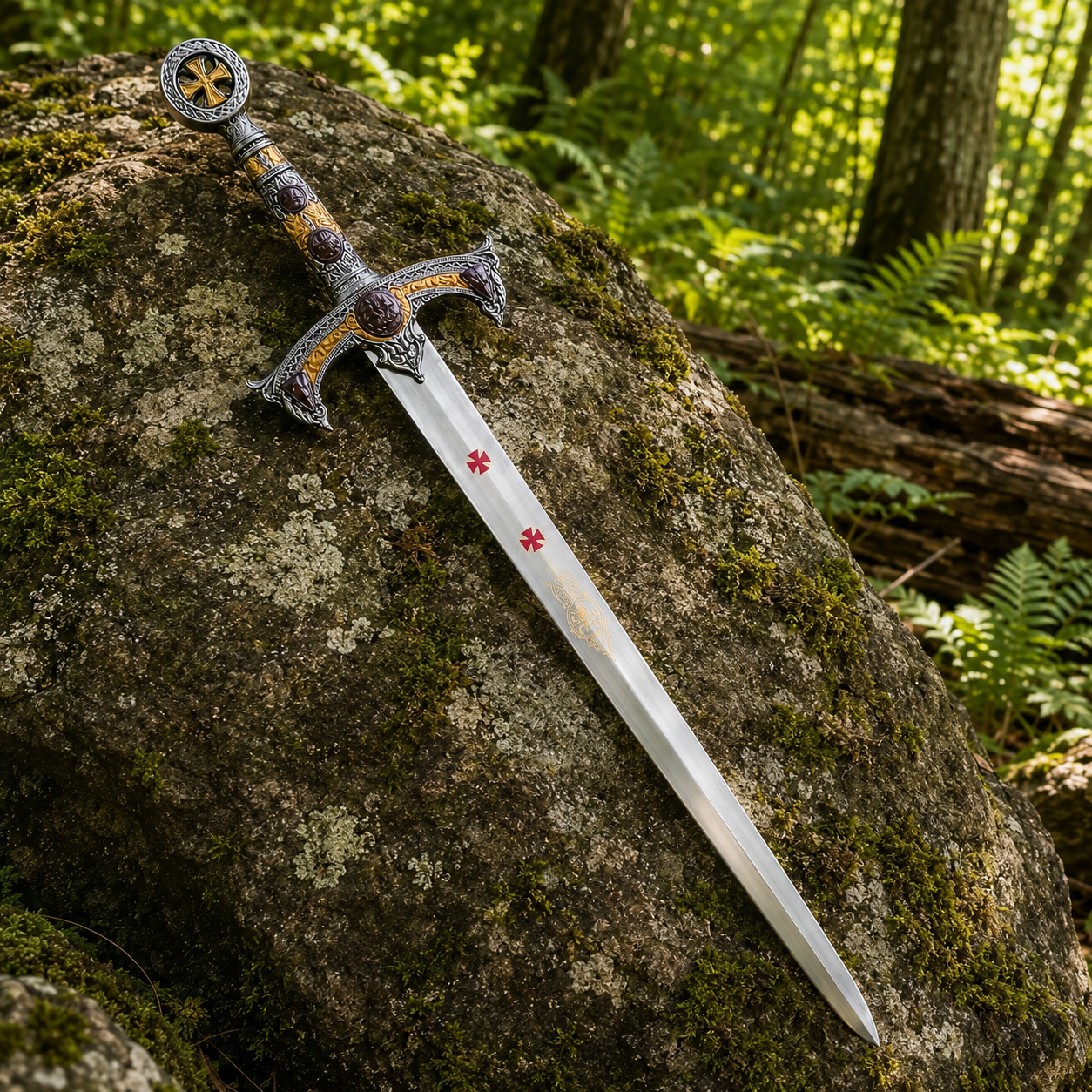 Close-up of Knights Templar longsword prop replica handle – gold and silver ornate grip with Templar cross circular pommel