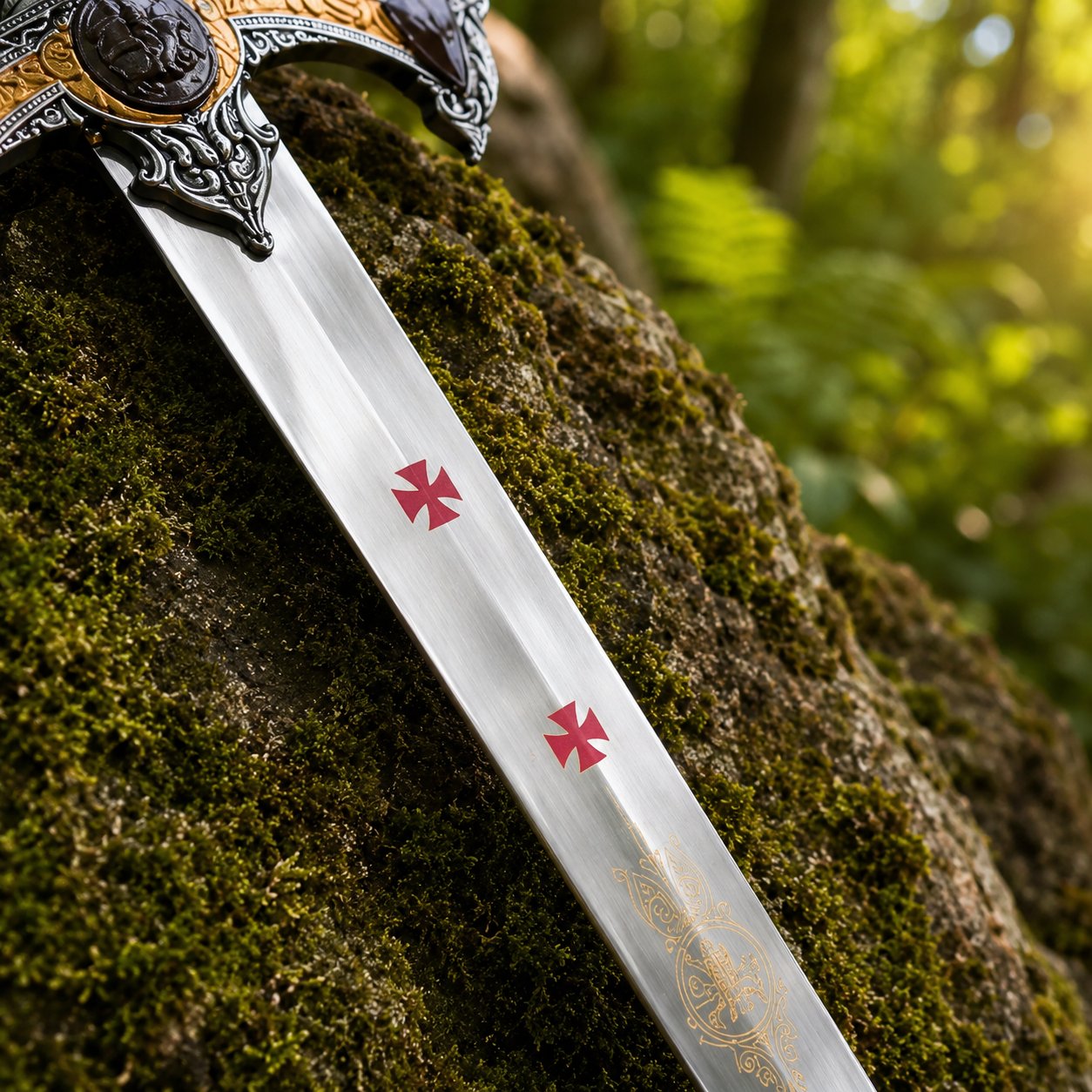 Knights Templar longsword prop replica crossguard detail – decorative medieval crusader display collectible
