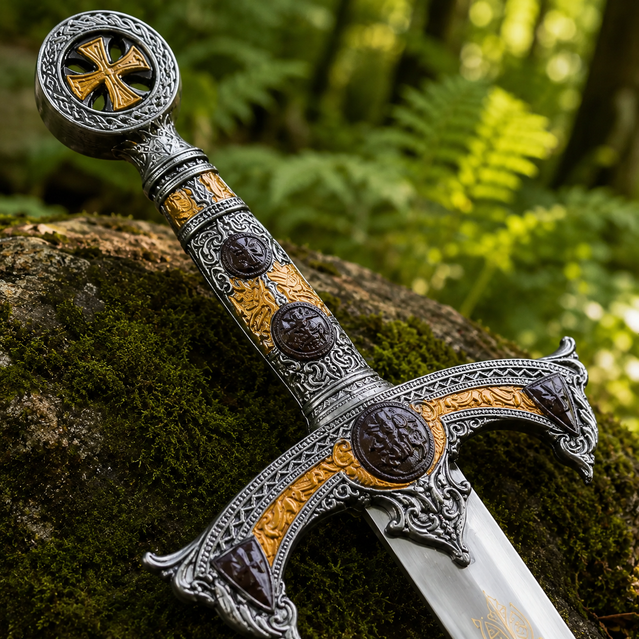 Knights Templar longsword prop replica angled against mossy log in forest – medieval collectible for wall display and gifting