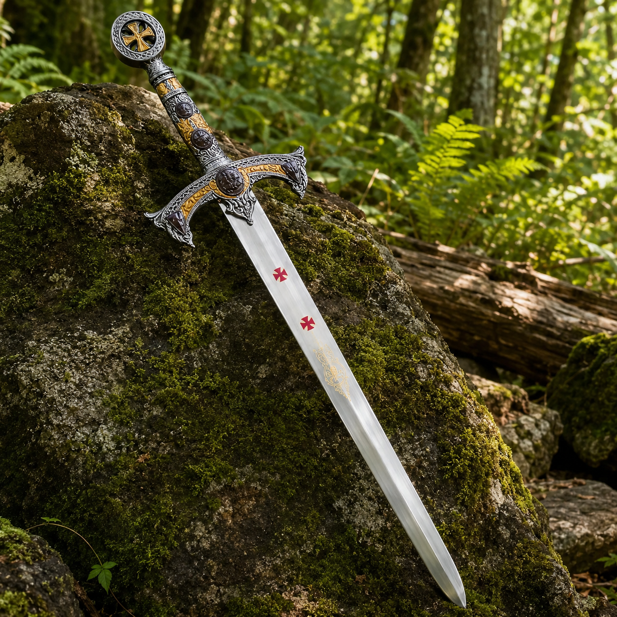 Knights Templar longsword prop replica on forest rocks – premium medieval crusader cosplay accessory and display collectible