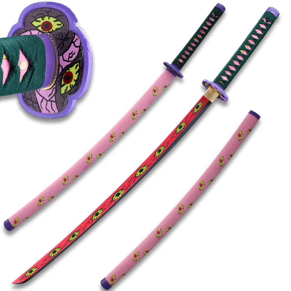 Full view of Daki katana replica from Demon Slayer with red floral blade, green diamond-wrapped handle, purple tsuba, and pink floral scabbard shown from multiple angles