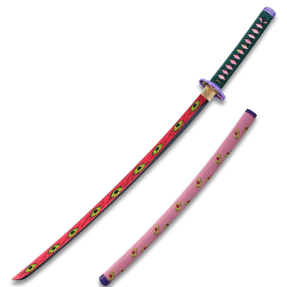 Side-by-side view of Daki katana replica showing red patterned blade with yellow eye motifs alongside pink scabbard with floral print and purple end cap