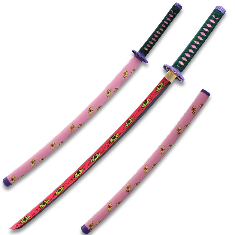 Angled display of Daki demon slayer katana replica with red blade featuring green eye pattern, green tsuka wrap with pink diamonds, and pink floral saya