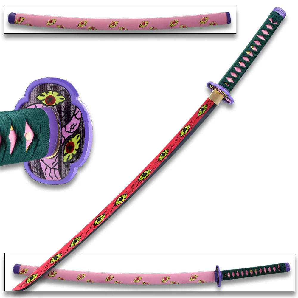 Comparison view of two Daki katana replicas showing red blade and pink scabbard variants with purple tsuba and green handle wrap from Demon Slayer anime