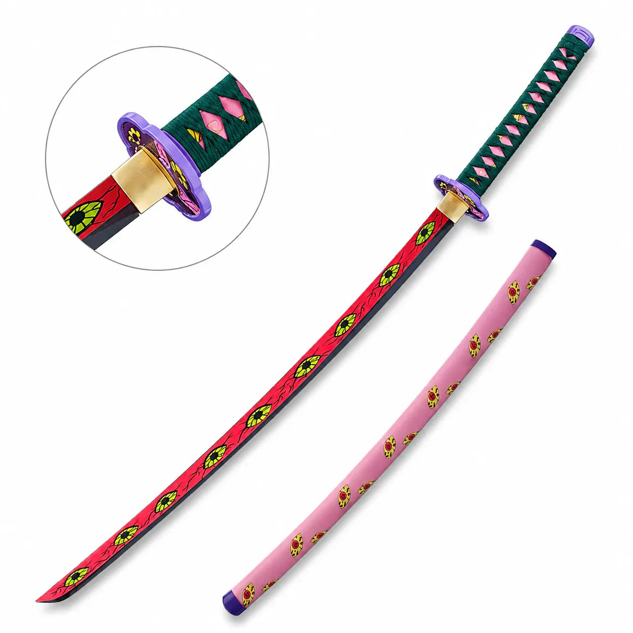 Close-up detail of Daki katana tsuba guard showing purple flower-shaped guard with green and red eye motif design from Demon Slayer Upper Moon Two replica
