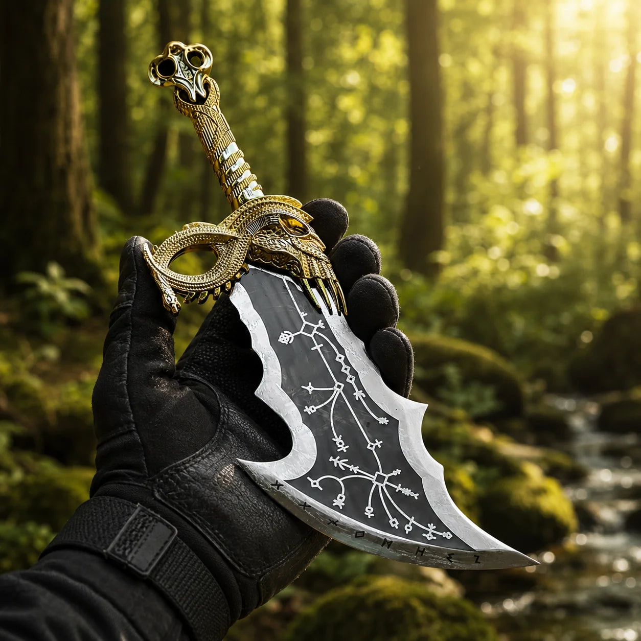God of War Blades of Chaos display collectible standing upright on mossy rock forest