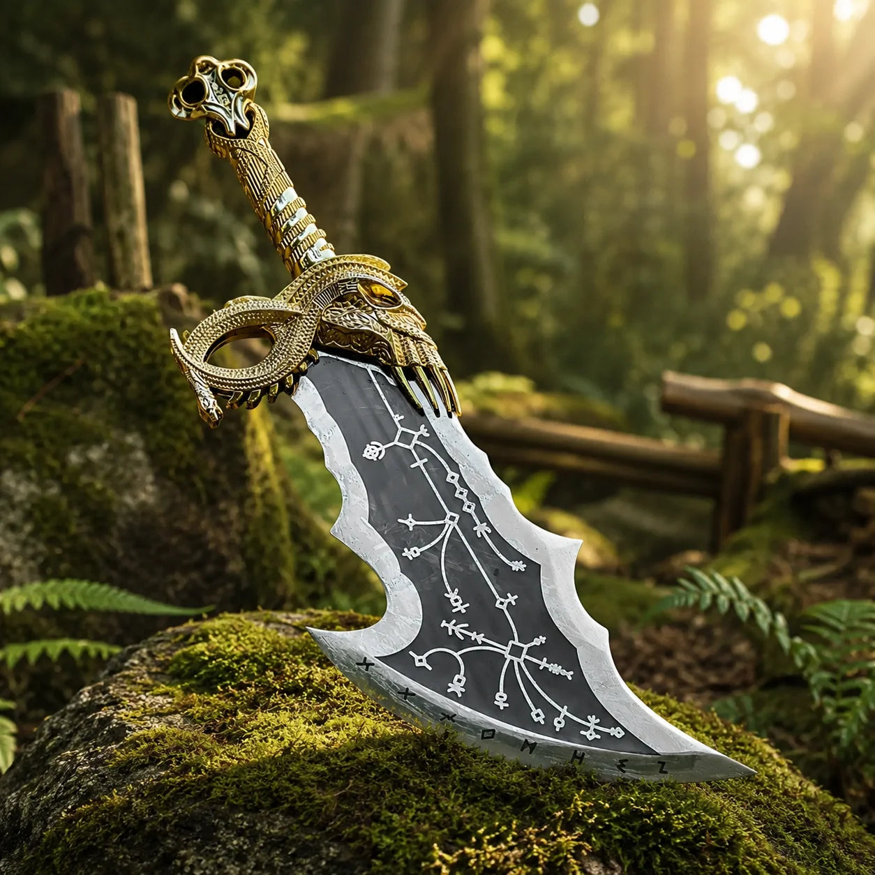 God of War Blades of Chaos prop replica lying on mossy rock close-up rune detail