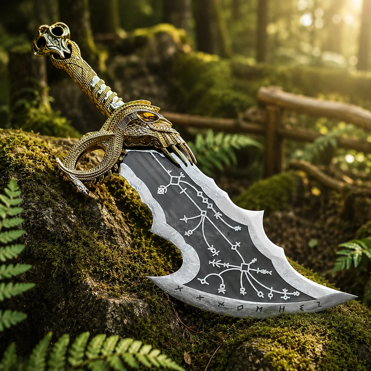 Kratos Blades of Chaos display collectible prop replica angled view forest ferns background