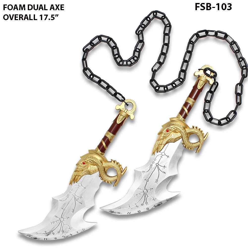 Full pair of Kratos Blades of Chaos Foam collectibles displayed with realistic decorative chain detailing, premium foam construction, and screen-inspired craftsmanship for God of War collectors and gaming room décor.