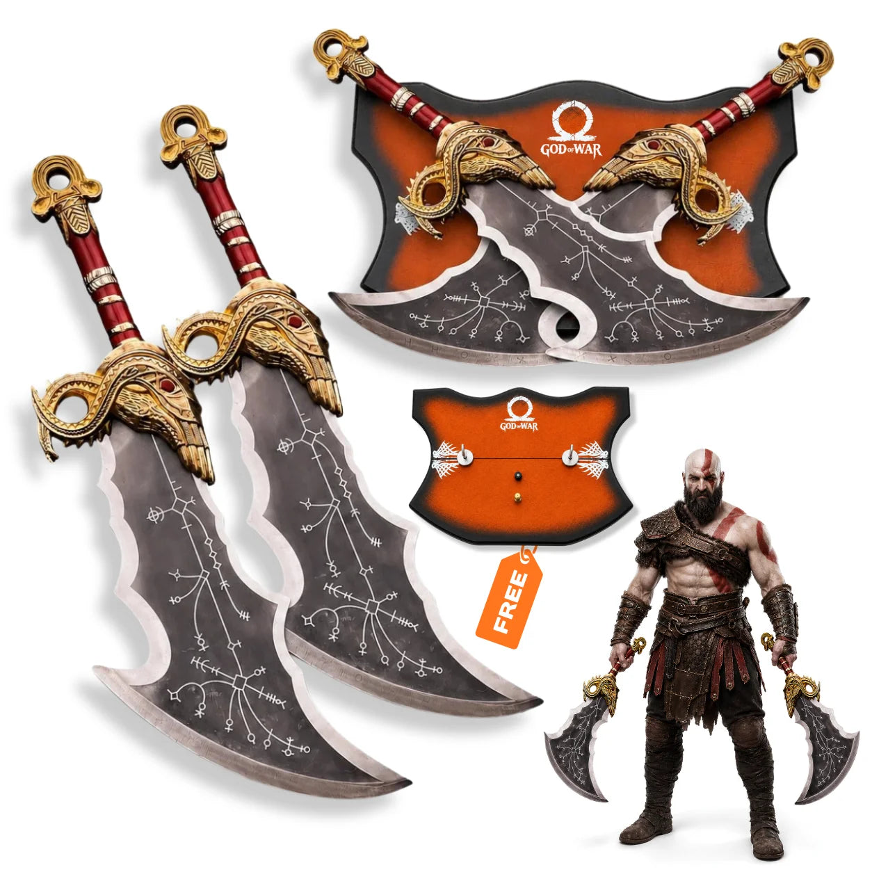 Kratos Blades of Chaos God of War red prop replica set with engraved curved blades and wall display plaque