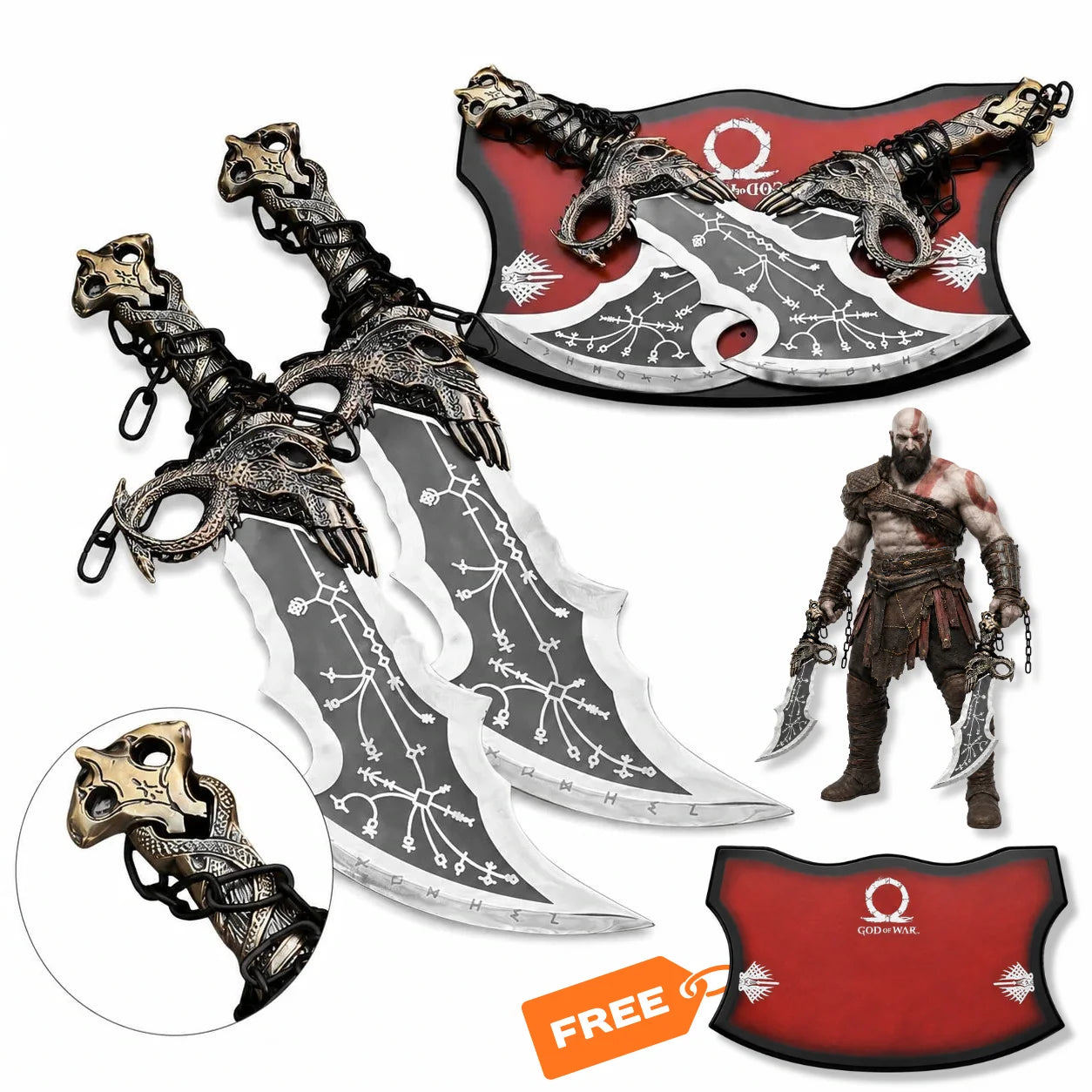 Kratos Blades of Chaos metal God of War prop replica set with chained handles, engraved curved blades and wall display plaque