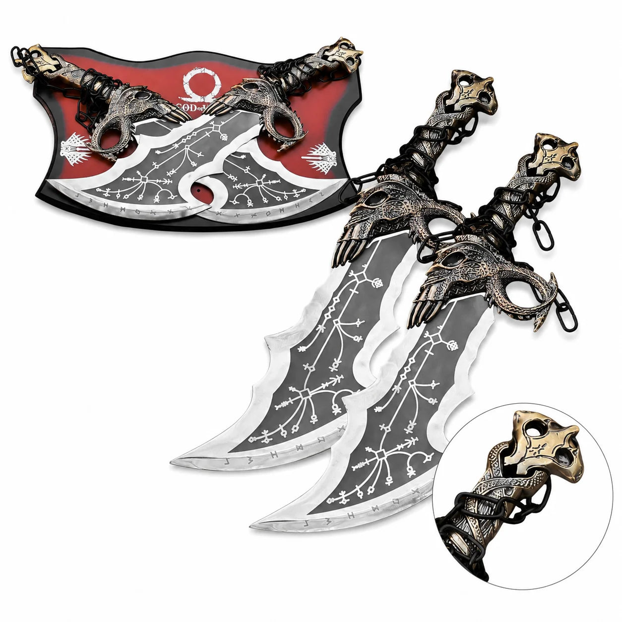 Kratos Blades of Chaos God of War Norse prop replica complete set on white background showing twin dark runic-engraved blades with ornate silver dragon skull crossguards black chains displayed on red and black God of War wall mount plaque with Omega logo and bronze skull pommel close-up inset