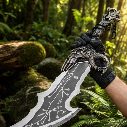 Kratos Blades of Chaos God of War Norse prop replica held in black gloved hand in jungle showing full curved dark blade with white runic constellation engravings and ornate silver dragon skull crossguard with black chain