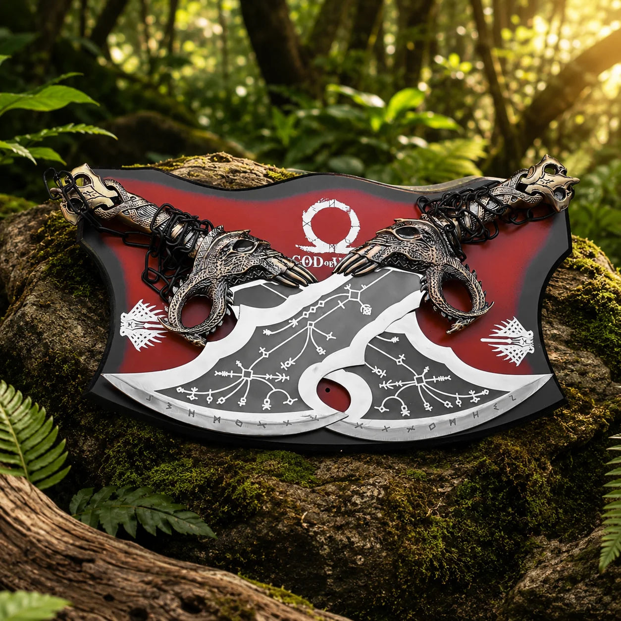 Pair of Kratos Blades of Chaos God of War Norse prop replicas displayed crossed on red and black wall mount plaque on mossy rock in forest showing twin dark runic-engraved blades with dragon skull guards and God of War Omega logo