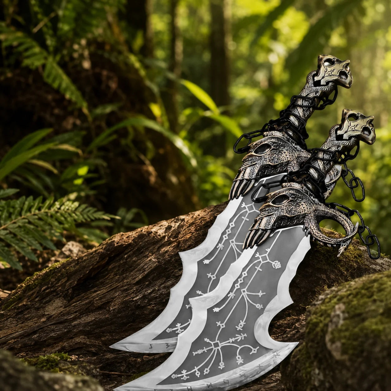 Two Kratos Blades of Chaos God of War Norse prop replicas resting on mossy rock in sunlit jungle showing both curved dark blades with white runic constellation engravings and ornate silver dragon skull crossguards with black chains