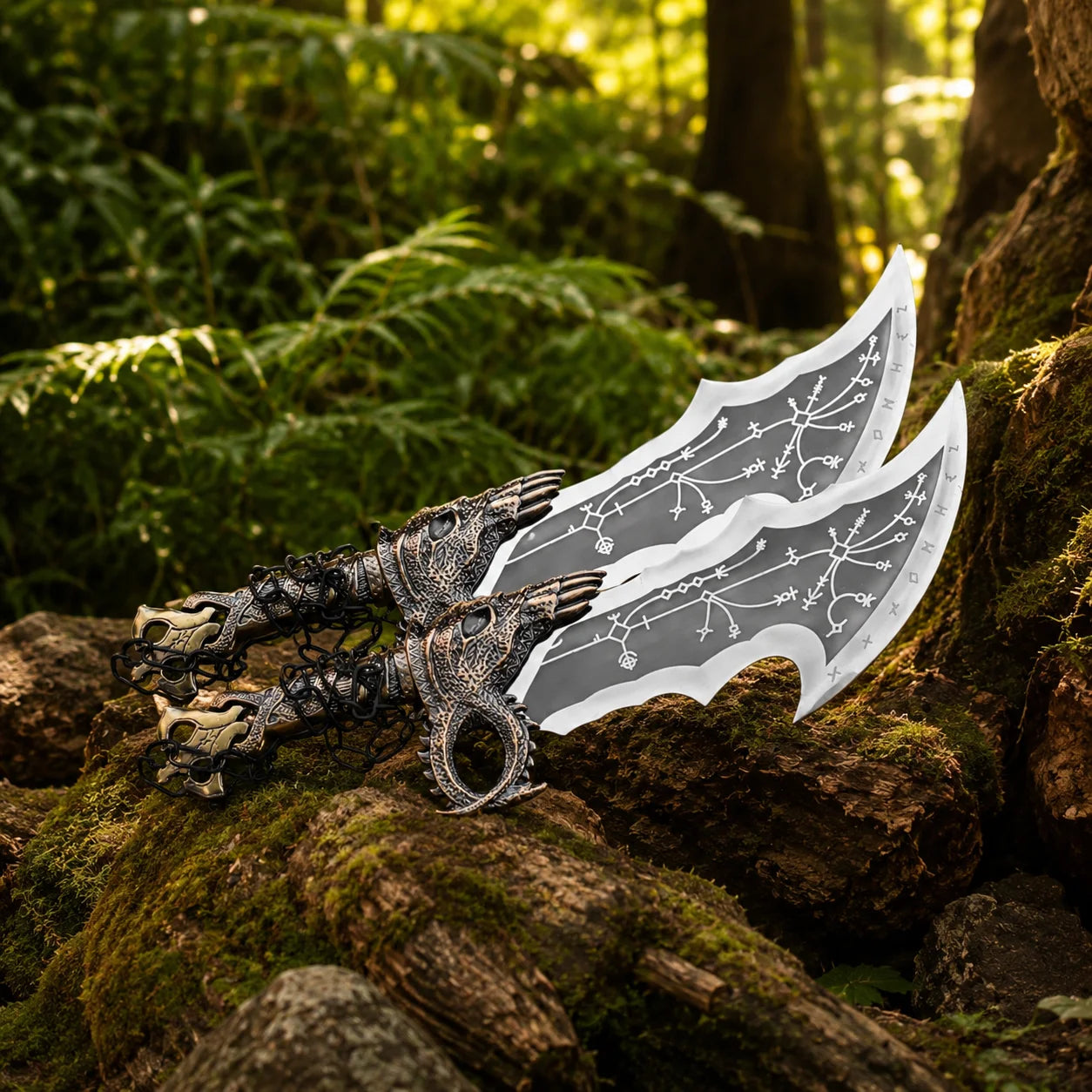 Both Kratos Blades of Chaos God of War Norse prop replicas laid flat on mossy log in sunlit forest showing twin curved dark blades with white runic engravings ornate dragon skull guards and black chain handles side by side