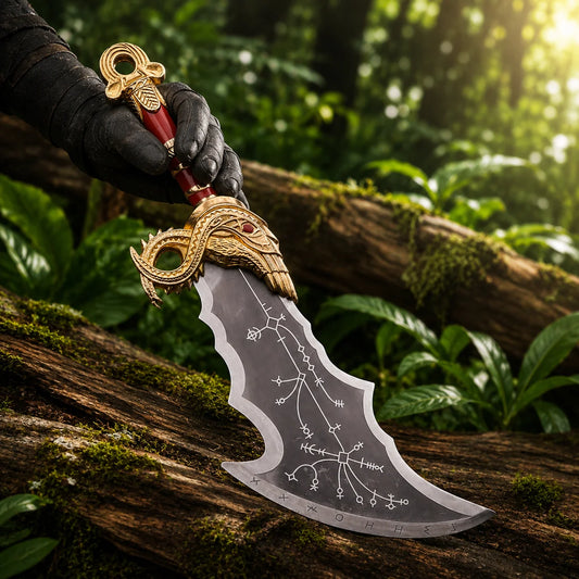 Kratos Blades of Chaos God of War prop replica held in black gloved hand in jungle showing full curved dark blade with white runic constellation engravings and ornate gold eagle crossguard with red handle