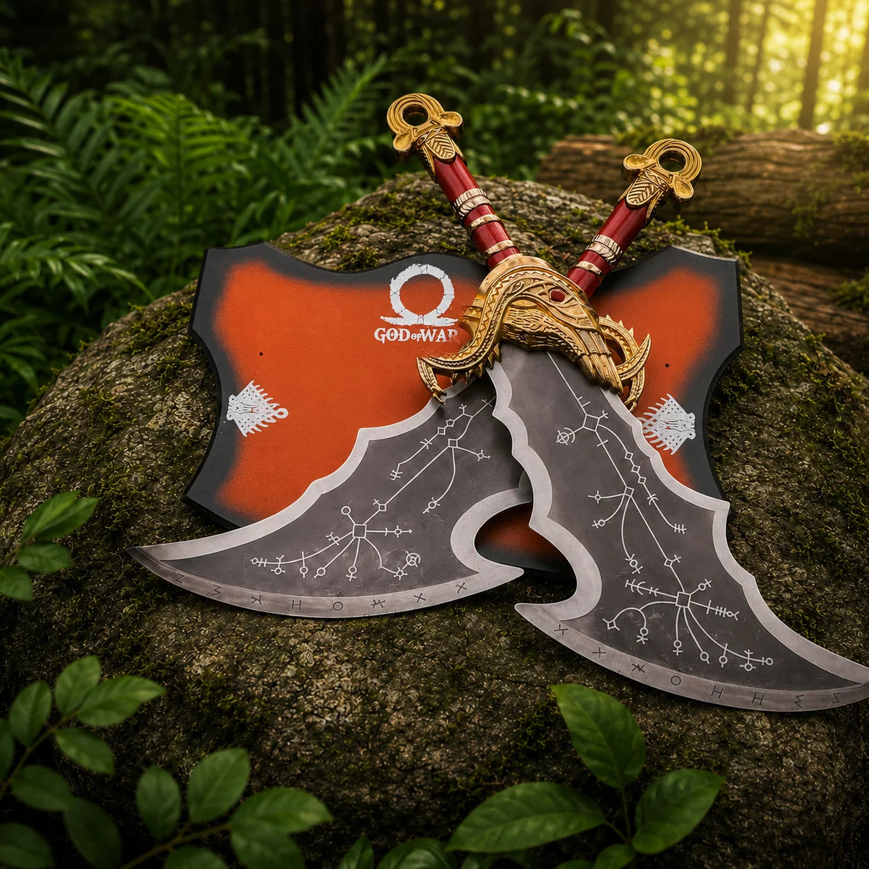 Pair of Kratos Blades of Chaos God of War prop replicas displayed on orange wall mount plaque on mossy rock in forest showing twin dark runic-engraved blades with gold eagle guards red handles and God of War logo
