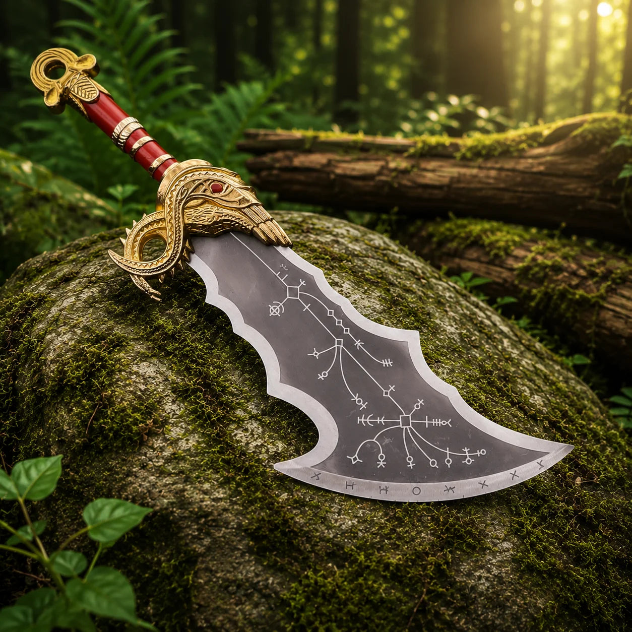 Single Kratos Blade of Chaos God of War prop replica resting on mossy rock in sunlit forest showing full curved dark blade with white runic symbols and ornate gold eagle crossguard with red grip