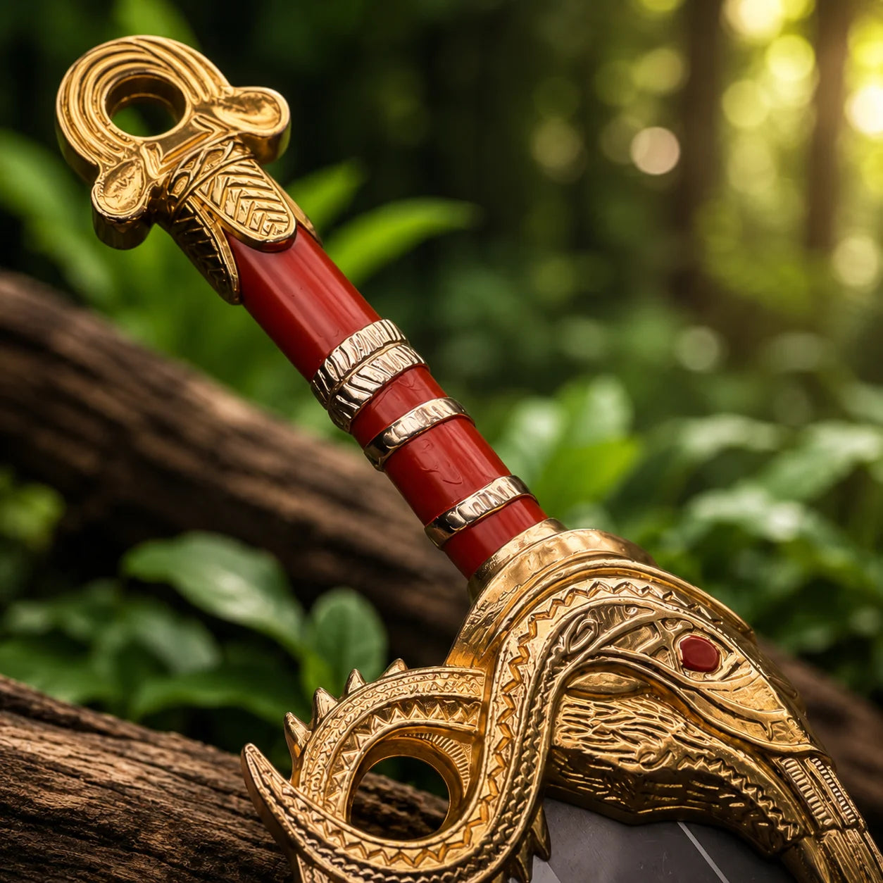 Close-up of Blades of Chaos handle showing red lacquered grip with gold banded rings ornate gold eagle head crossguard with red gemstone eye and detailed feather engravings on God of War prop replica collectible