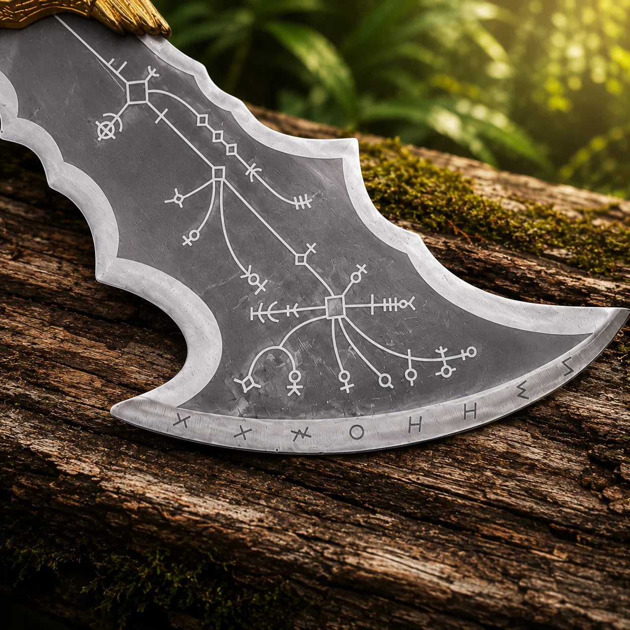 Close-up of Blade of Chaos dark steel flat resting on mossy log showing detailed white runic constellation map engravings and ancient symbols etched across full blade surface on God of War prop replica