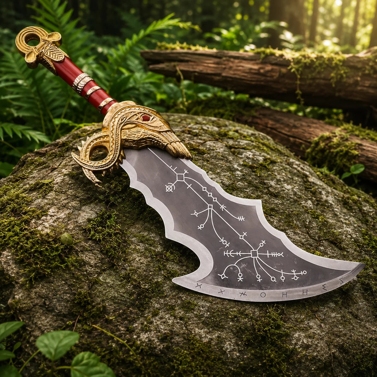 Full view of Kratos Blade of Chaos God of War prop replica leaning on mossy rock in fern forest showing complete curved dark blade with white runic engravings gold eagle guard and red handle