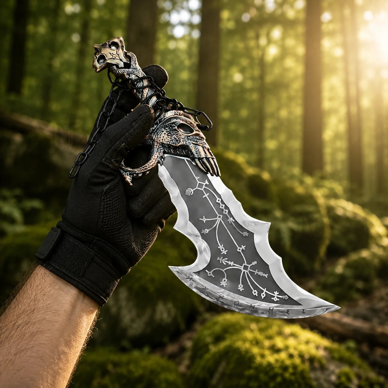Blades of Chaos God of War prop replica resting on log in forest – fantasy display collectible for fans
