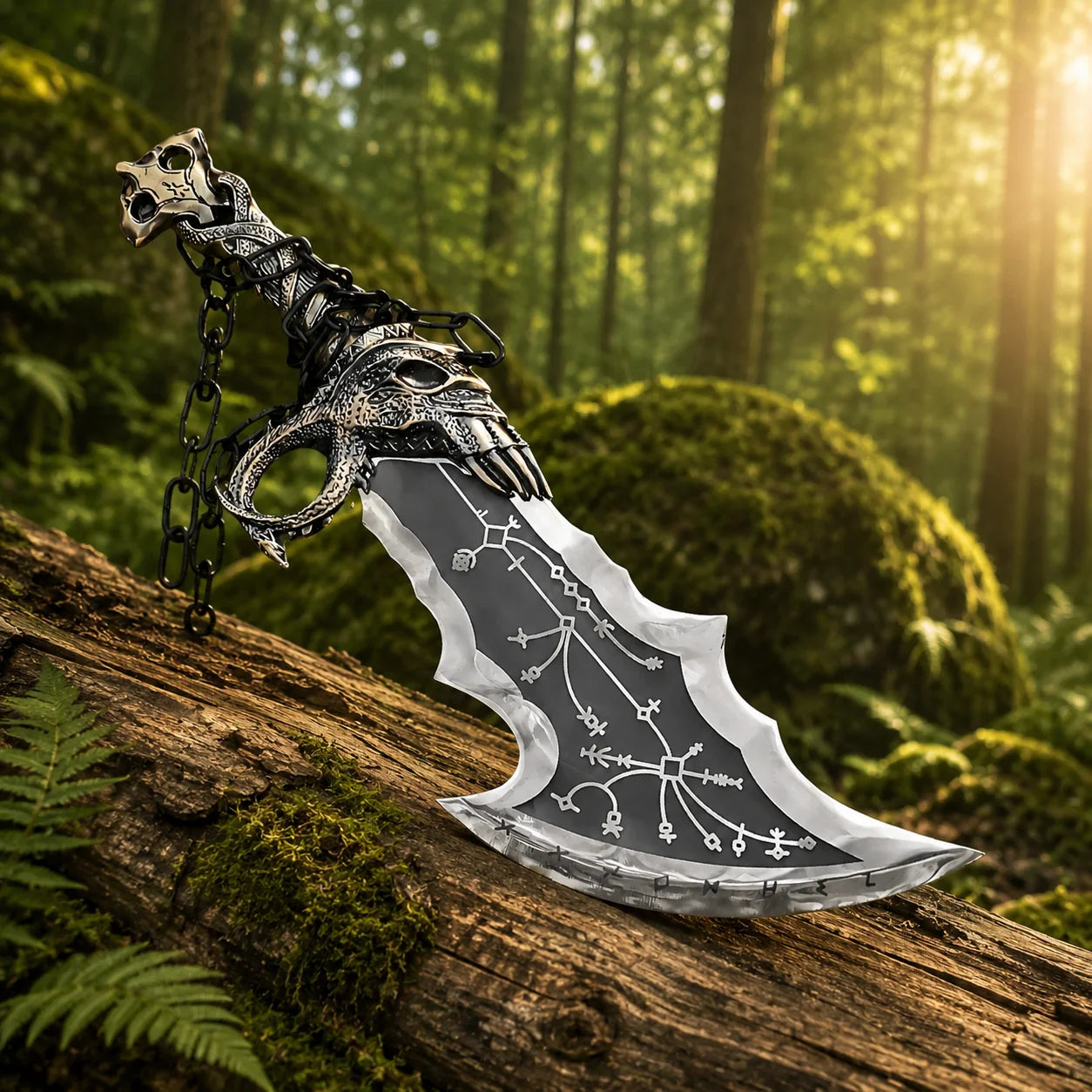 Side profile of Kratos Blades of Chaos prop replica showing curved blade and antiqued display finish – God of War collectible