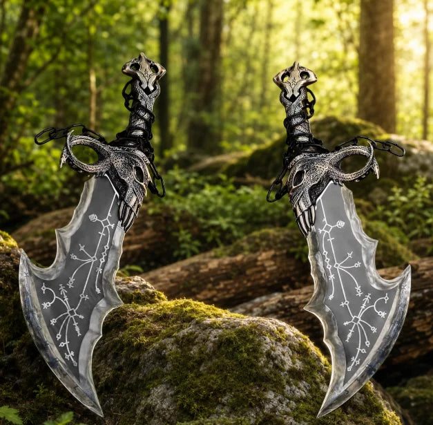 Kratos Blades of Chaos prop replica held in hand showing full size – God of War cosplay accessory display piece