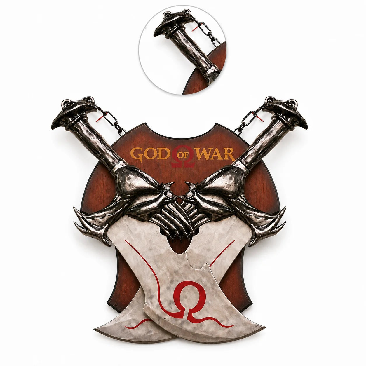 Kratos Chaos Blades God of War wall mount display plaque on white background showing crossed twin blades with red Omega symbol dark claw guard and chain on wooden shield with God of War logo