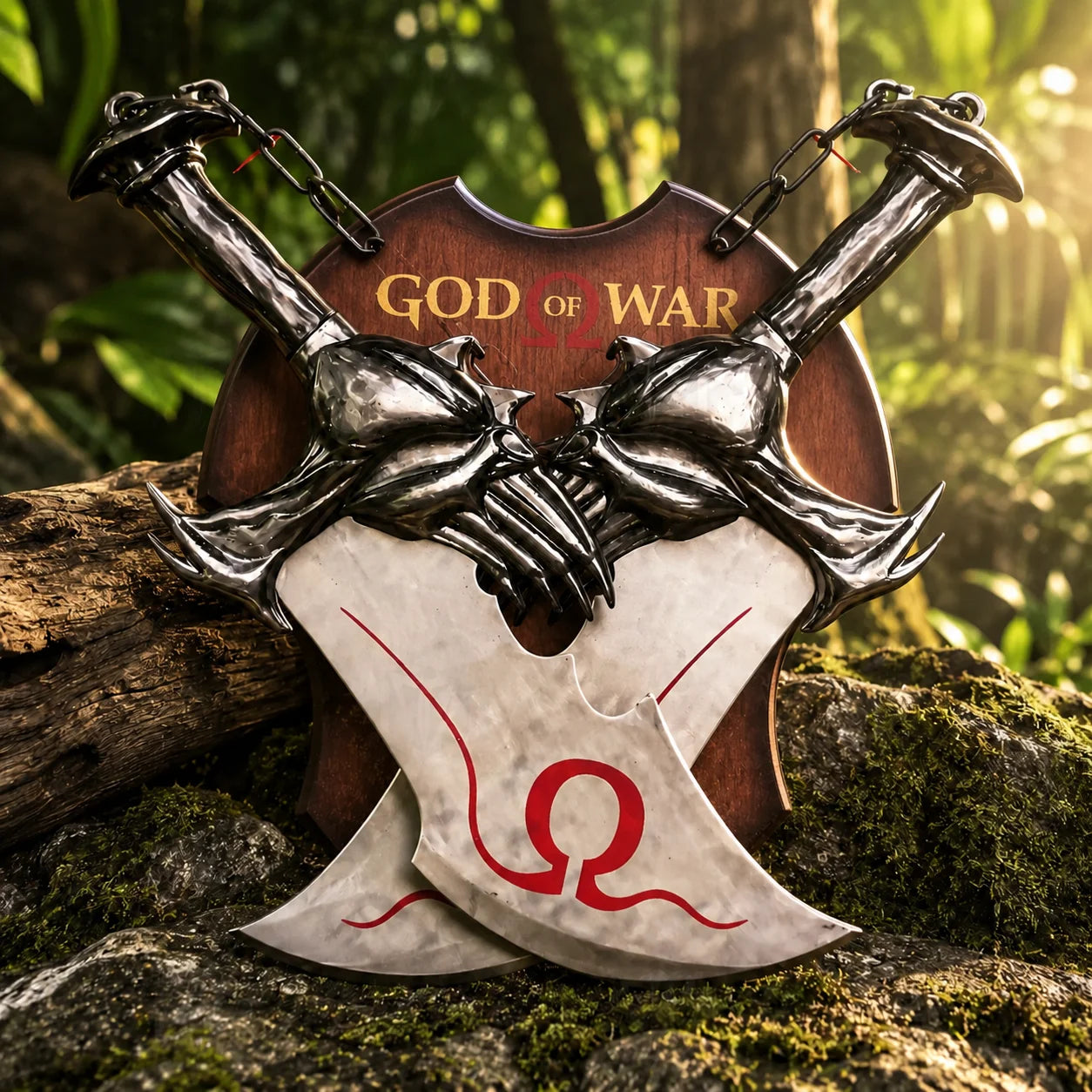 Kratos Chaos Blades God of War wall mount display plaque on white background showing crossed twin blades with red Omega symbol dark claw guard and chain on wooden shield with God of War logo