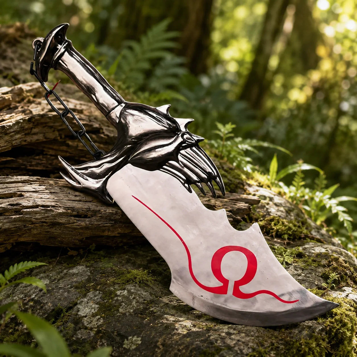 Single Kratos Chaos Blade God of War display prop replica resting on mossy log showing full side profile with curved blade red Omega marking and dark claw guard