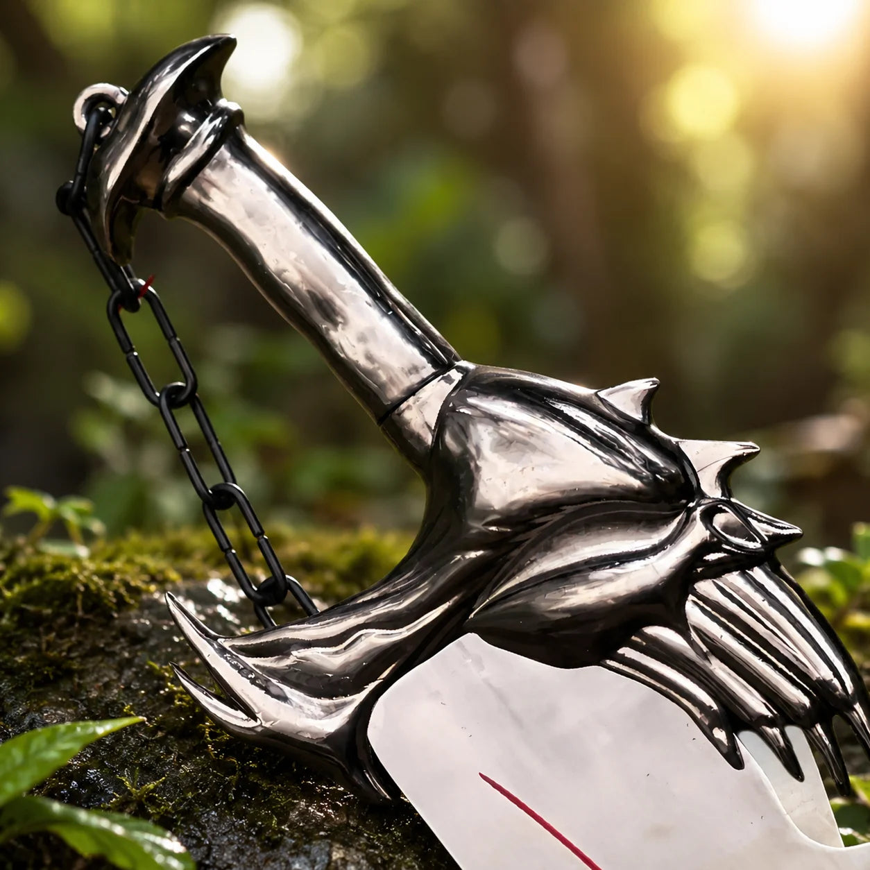 Close-up of Chaos Blade handle showing dark hammered metal grip spiked claw crossguard and chain link detail on Kratos God of War prop replica collectible