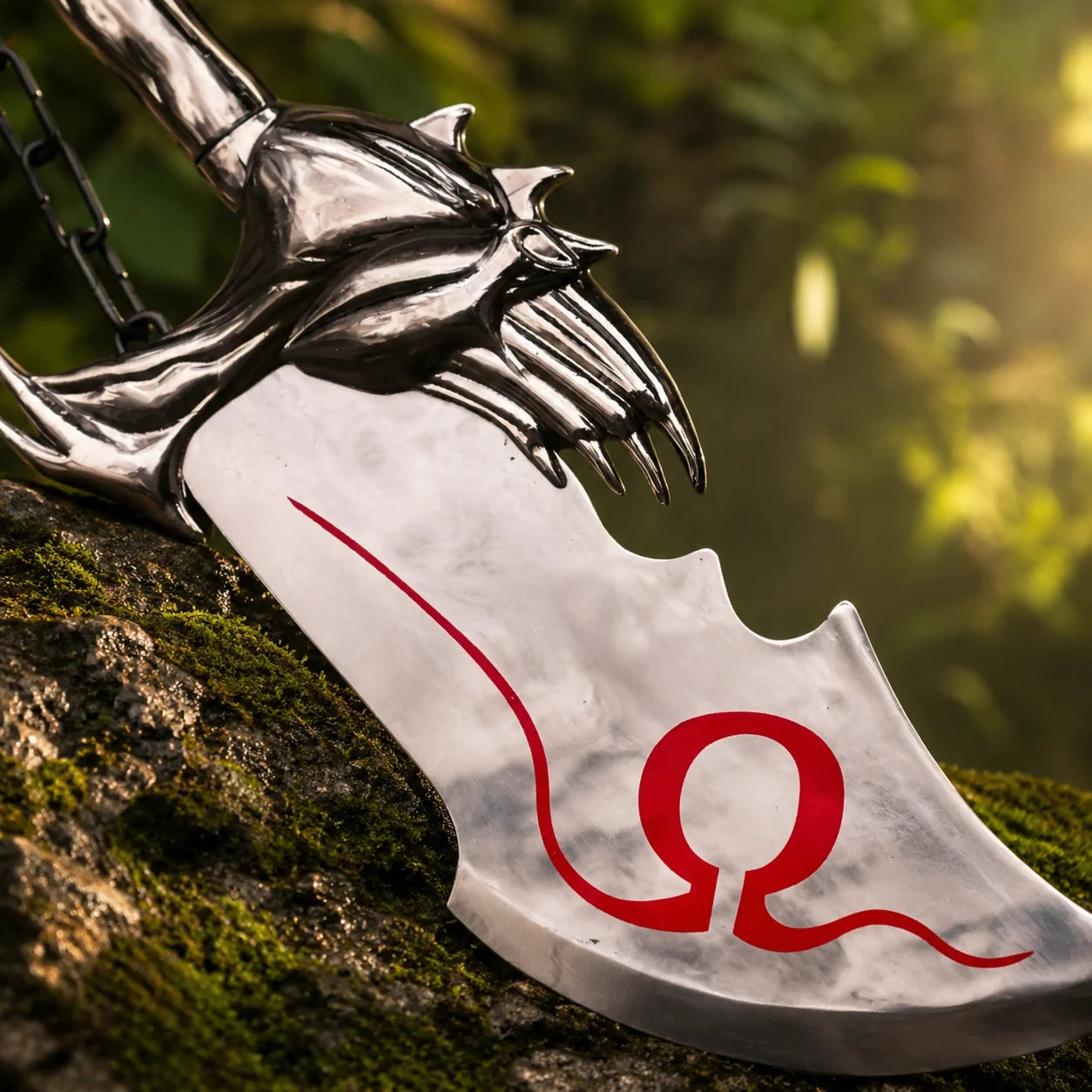 Close-up of Chaos Blade showing hammered steel finish with bold red Omega symbol and flowing line etching on God of War Kratos prop replica display collectible