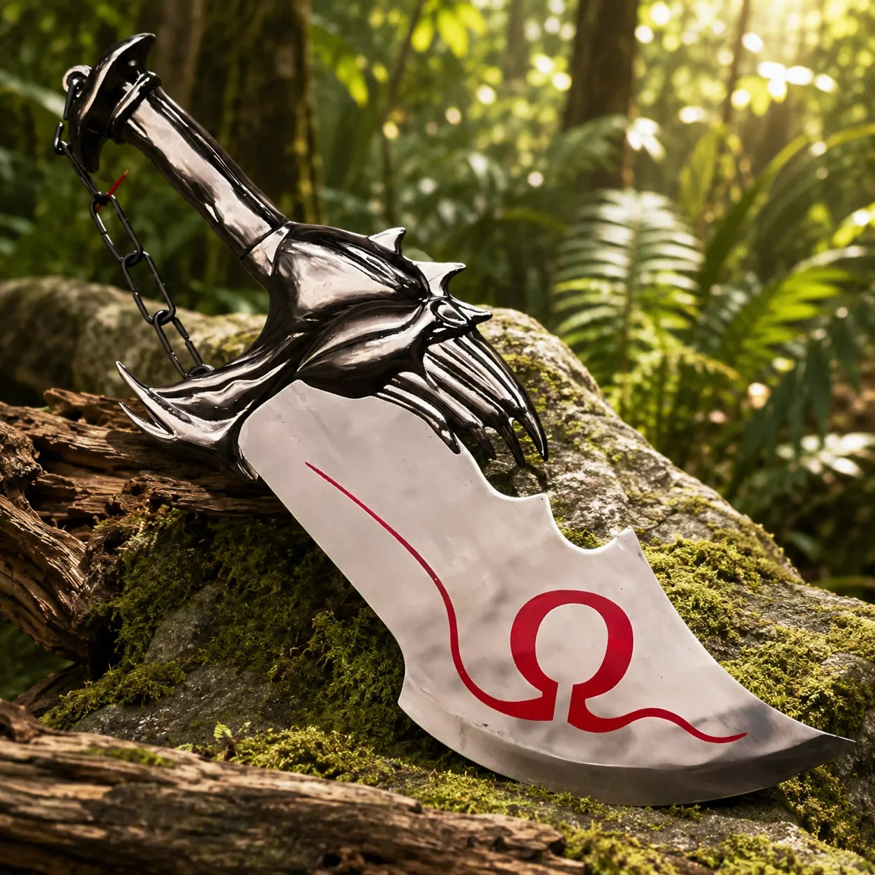 Full view of Kratos Chaos Blade God of War prop replica on mossy rock in sunlit jungle showing complete curved blade with red Omega symbol and dark claw guard