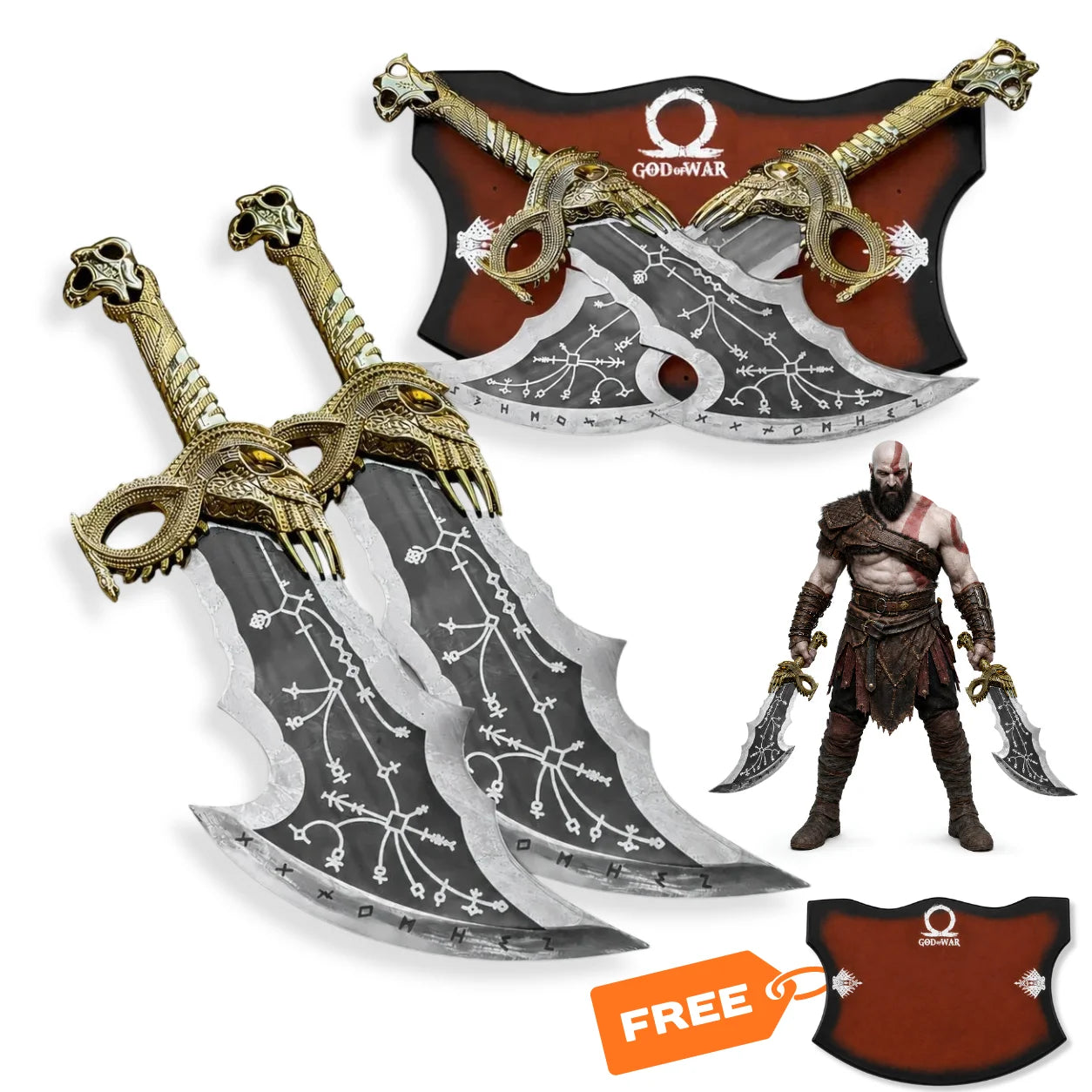 Kratos gold Blades of Chaos God of War prop replica set with engraved curved blades, gold handles and wall display plaque