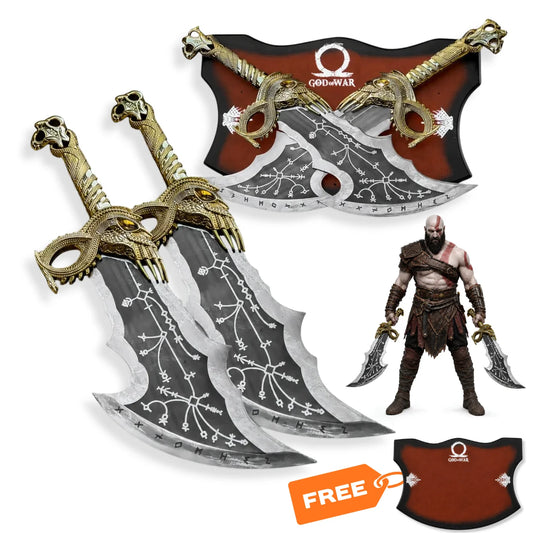 Kratos gold Blades of Chaos God of War prop replica set with engraved curved blades, gold handles and wall display plaque