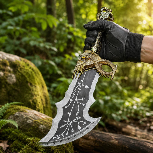 Kratos Blades of Chaos gold God of War prop replica held in black gloved hand in jungle showing full curved dark blade with white runic constellation engravings and ornate gold dragon-eagle crossguard with amber eye and skull pommel