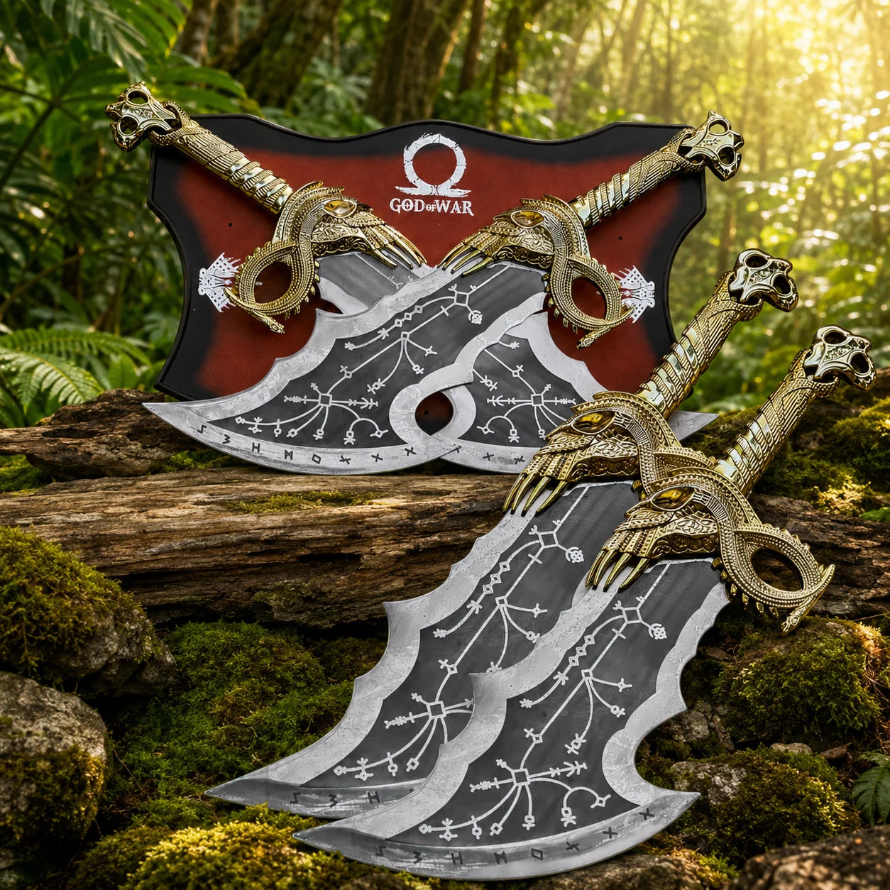 Pair of Kratos Blades of Chaos gold God of War prop replicas displayed crossed on red and black God of War wall mount plaque on mossy log in forest with single blade in foreground showing runic engravings gold dragon guard and skull pommel