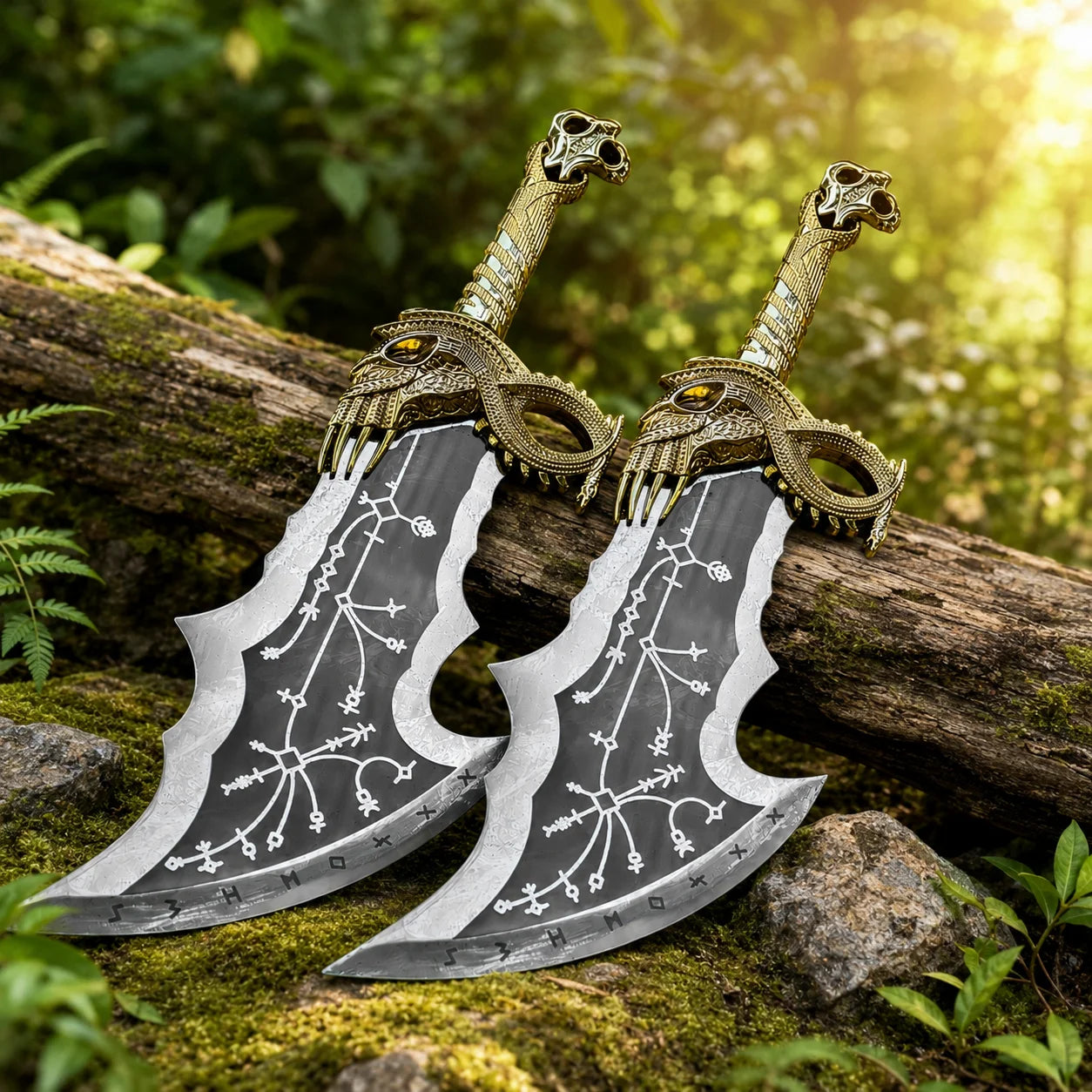 Two Kratos Blades of Chaos gold God of War prop replicas leaning on mossy log in sunlit jungle showing twin curved dark blades with white runic constellation engravings and ornate gold dragon-eagle crossguards with amber eyes and skull pommels