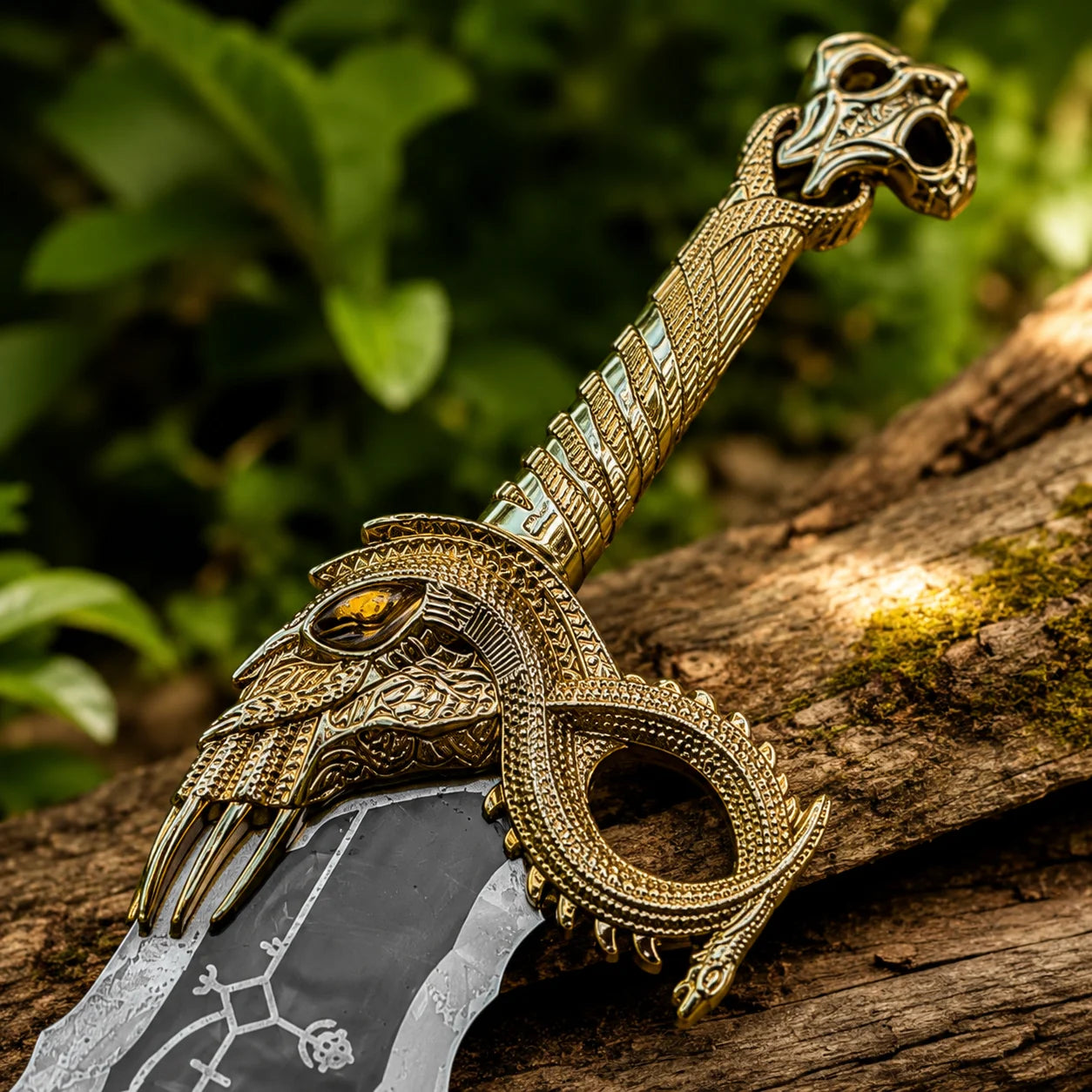 Close-up of Blades of Chaos gold crossguard resting on mossy log showing intricate gold dragon-eagle head with amber gemstone eye detailed feather and scale engravings claw quillon and ornate gold grip with skull pommel on God of War prop replica