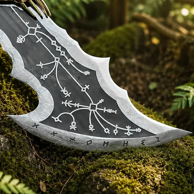 Close-up of Blade of Chaos curved tip resting on mossy rock showing detailed white runic constellation map with Norse Elder Futhark rune border diamond nodes and ancient symbols etched across dark steel blade surface on God of War prop replica